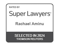 Image of a 'Super Lawyers' badge highlighting 'Rachael Aminu' as selected in 2024 by Thomson Reuters - Aminu Law Firm, PLLC